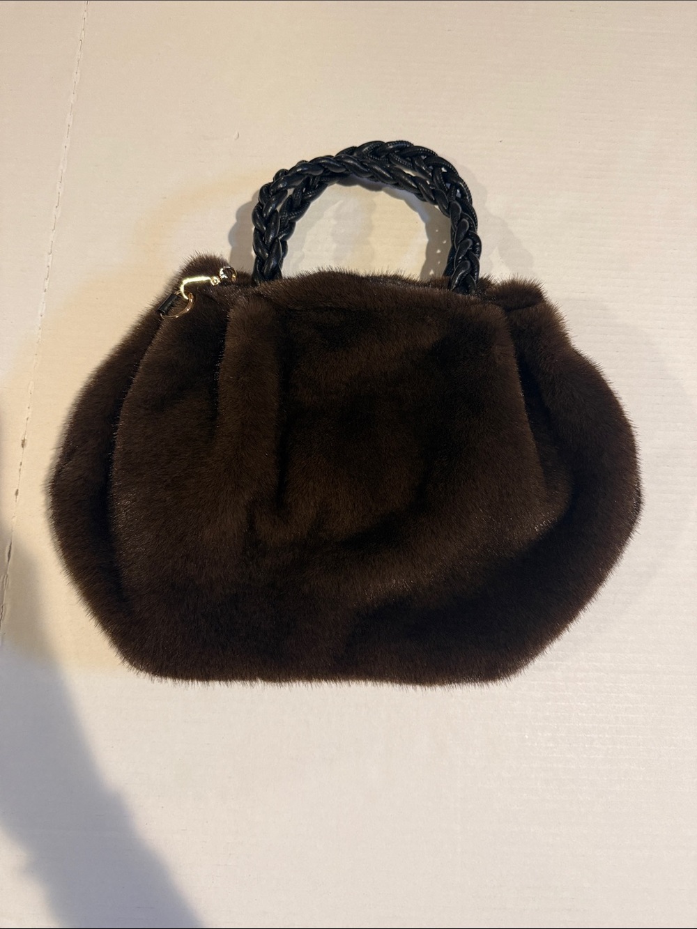 Plush Faux Fur Mini Top-Handle Bag in Dark Brown
